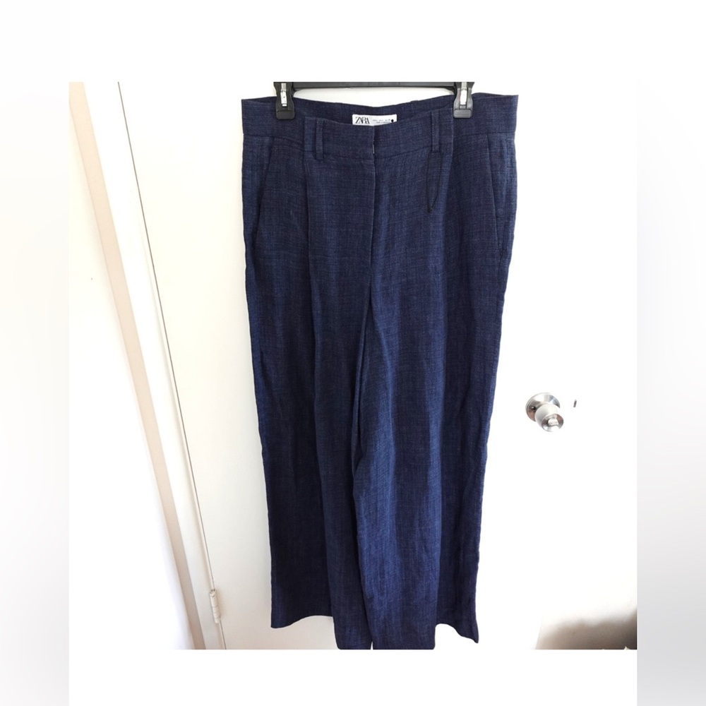 Zara Linen Blue Wide Leg Trousers Pleated Tab in Chambray Size XS NWT